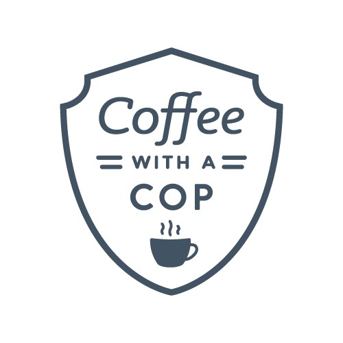 Logo consisting of a badge shaped outline with the words "coffee with a cop" inside and a picture of a small coffee cup