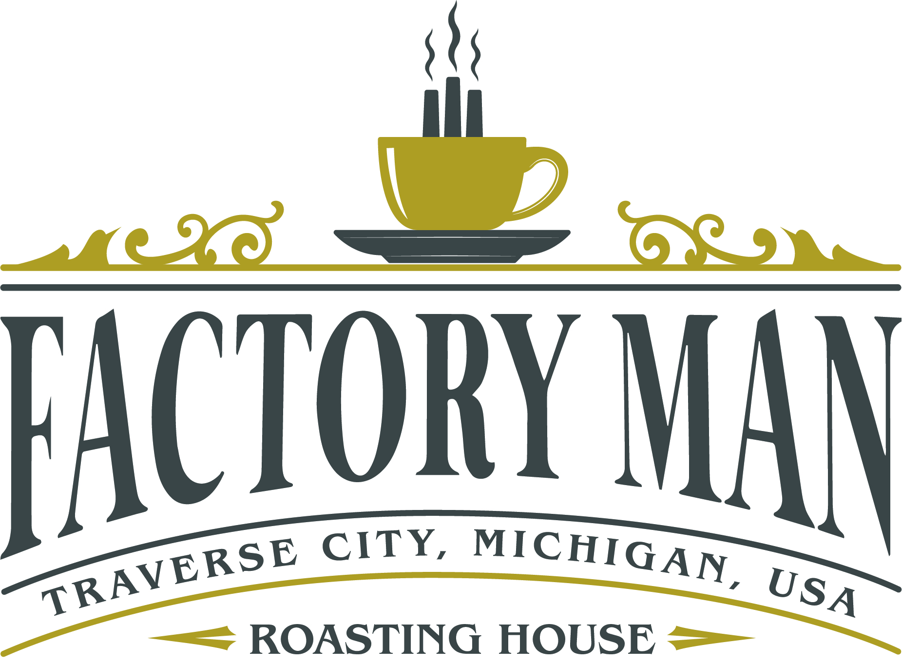 Logo for Factory Man coffee company. The name of the company is in old fashioned typeface surrounded by scrollwork and a cup of coffee on top