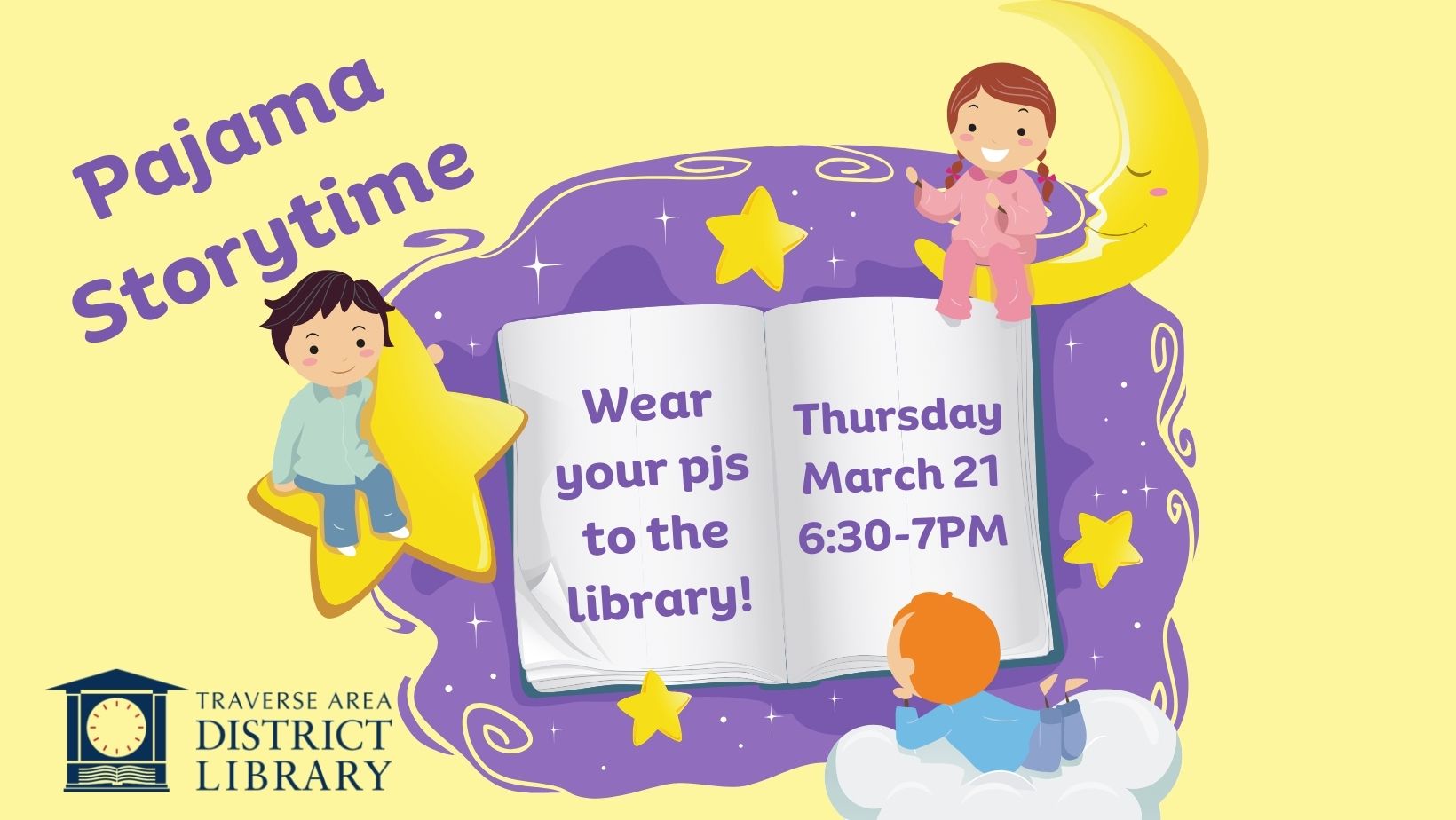 Pajama storytime event; picture of kids in pjs, around stars and a book