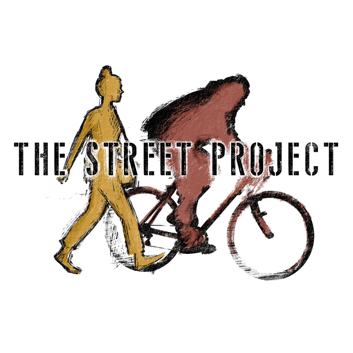 logo for The Street Project film, consists of two outlines of people, one walking and one riding a bike with the title of the film overlaid on top