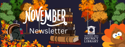 November Newsletter with two turkeys plus orange and green trees on blue