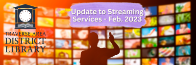 Update to streaming services Feb. 2023; Person with a phone in front of many screens 