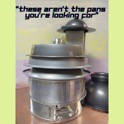 Image of baking pans stacked to look like Jabba the Hutt's palace on Tatooine. Text over image reads "these aren't the pans you're looking for."