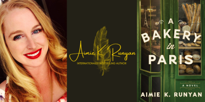 Photo of author Aimie Runyan and a cover of her new book A Bakery in Paris