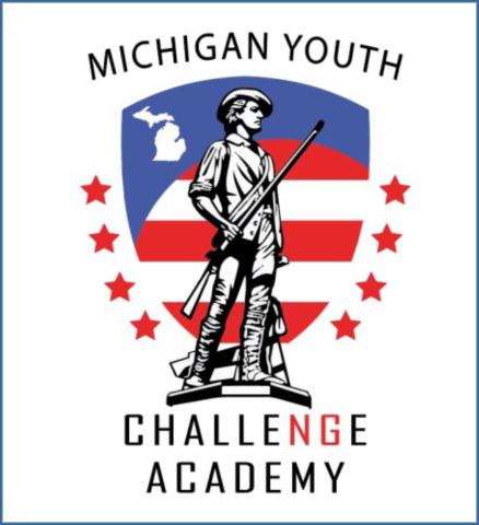 Text "Michigan Youthe Challenge Academy" with soldier in front of red/white striped background with blue top.