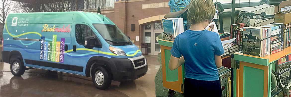 Bookmobile header showing the bookmobile and young patron looking at available books