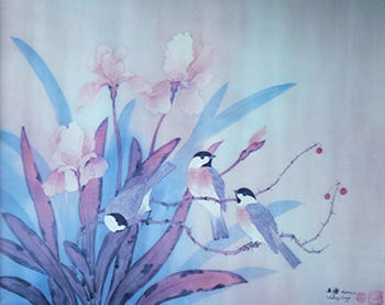 Three birds perched on blue and pink flowers/leaves. Traditional Chinese-style painting. 