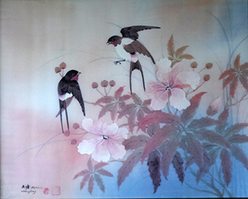 Painted cranes on on pink and blue flowers. Traditional Chinese style. 