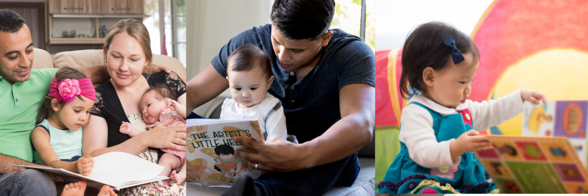 Families and babies looking at books