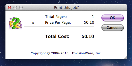 Screenshot of dialog window displaying an example of how much printing a single page will cost