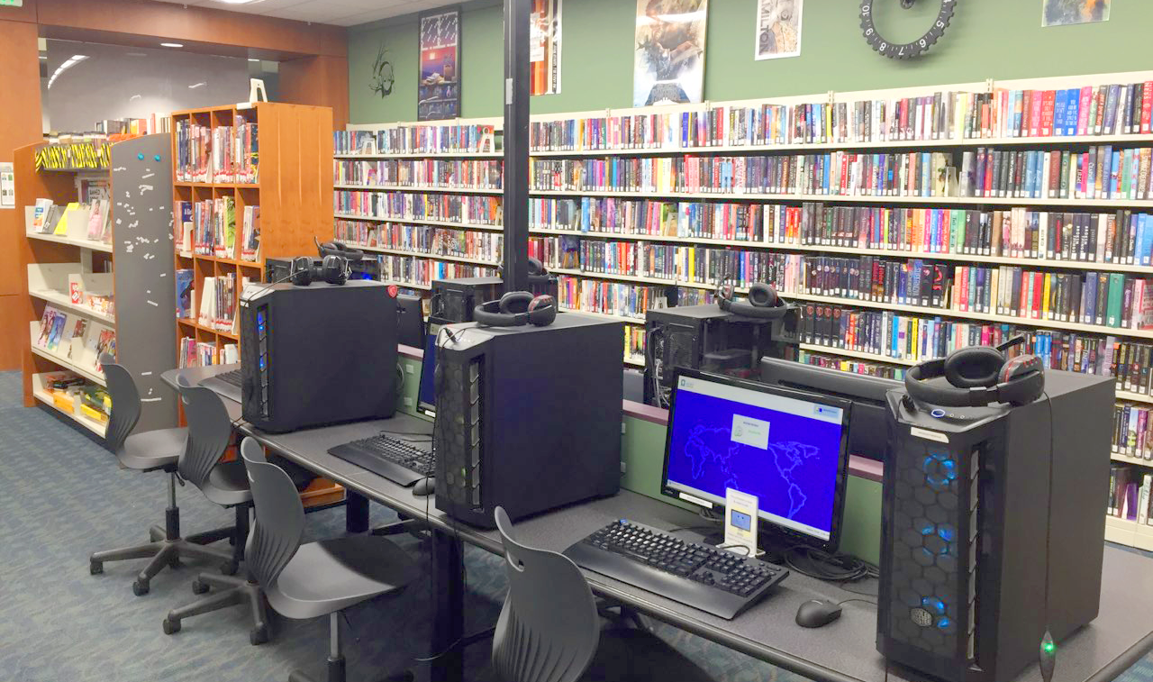 Computers and books in teen department