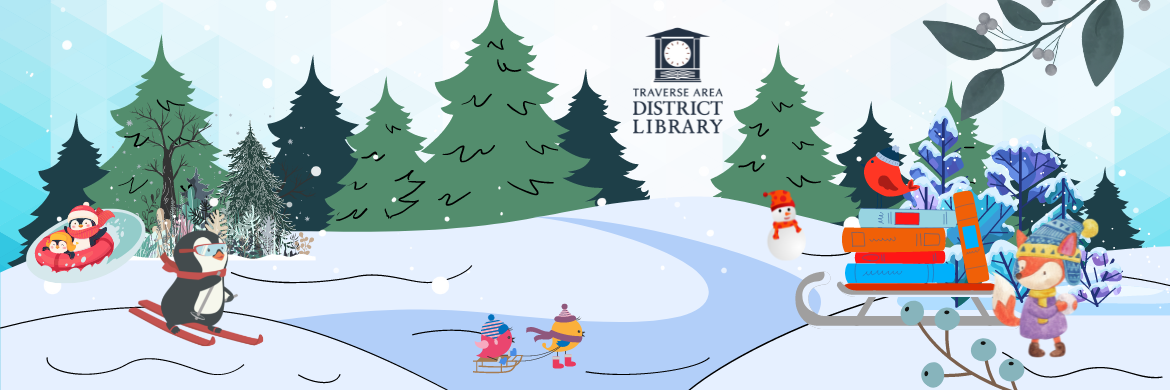 Winter scene with pine tree, snow, sledding penguins, skating birds, and a sled with books.