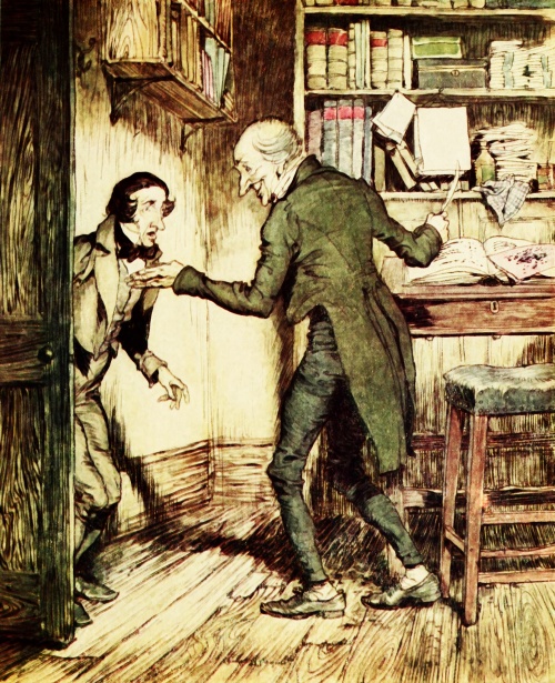 This is a public domain picture of A Christmas Carol depicting Scrooge and Cratchit