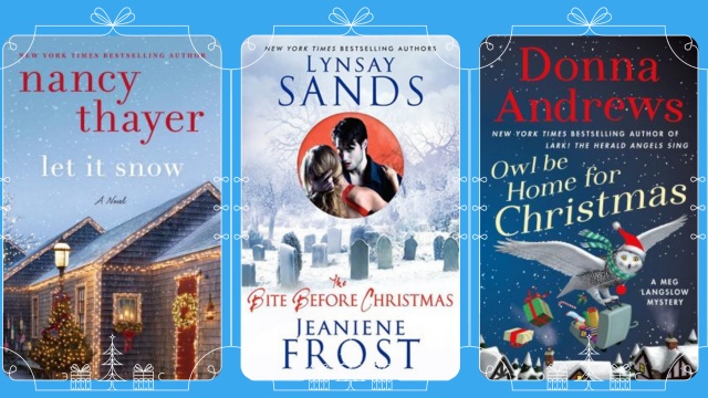 three book covers from the list on a snowy blue background