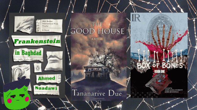 3 book covers and a frankenstein graphic on a spiderweb background