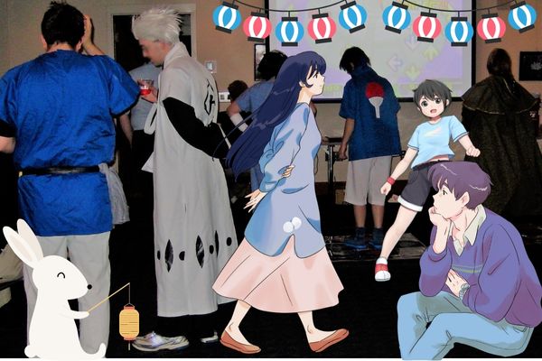Costumed individuals at party with anime characters. 