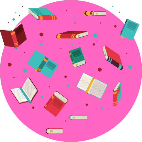 Pink circle with books flying around in front of it.