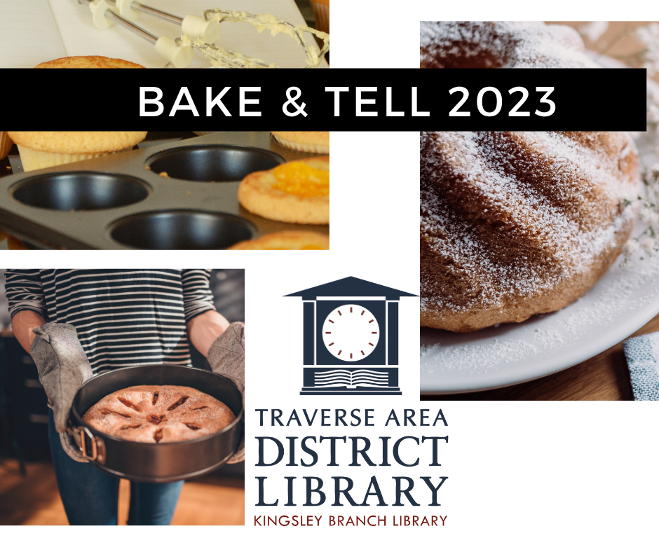Text says Bake & Tell Challenge 2023, images include a small bundt cake, a person holding a pie in a springform pan, and someone pour batter into muffin tins.