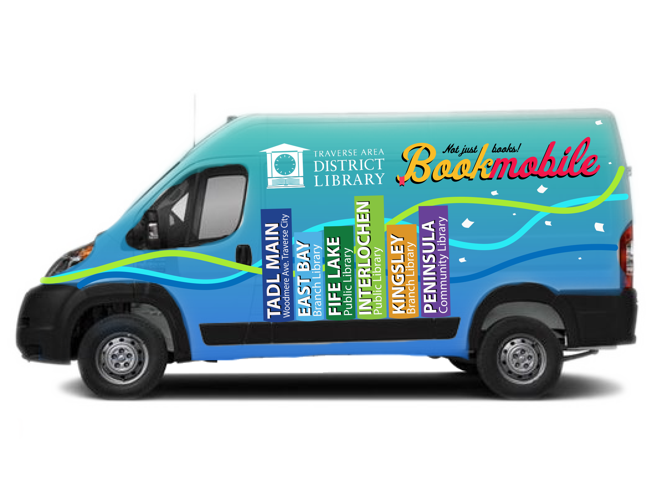 Blue and green bookmobile with the library logo and locations