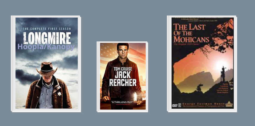 Movie covers of Longmire, Jack Reacher and Last of the Mohicans.