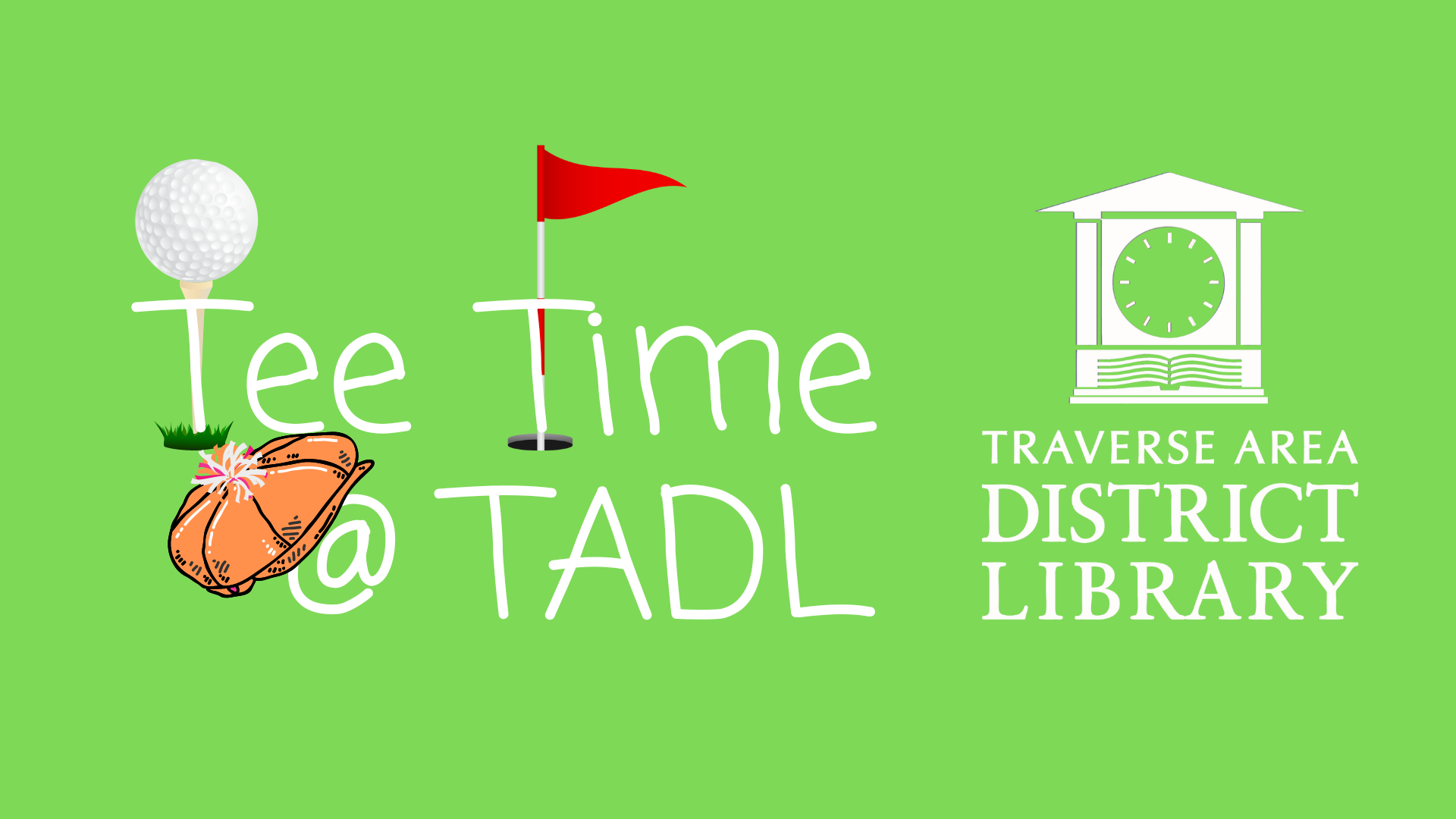 Golf ball flag and hat in title of Tee Time at TADL