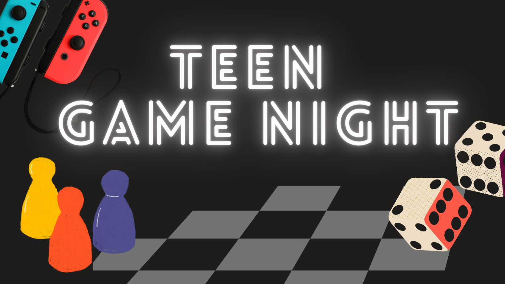 Teen Game Night, checkers, dice, video game controllers