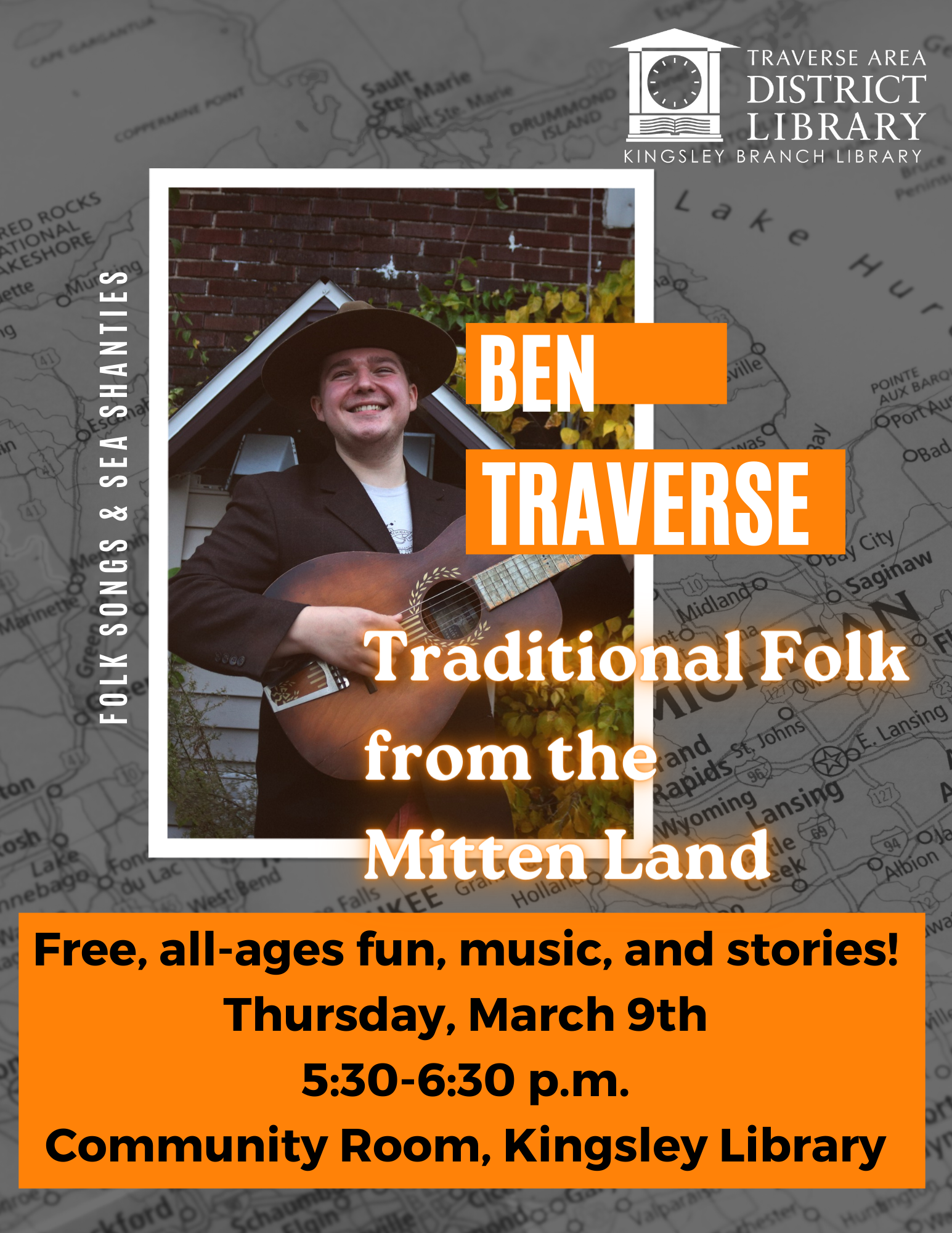Image of the musician Ben Traverse, with his name super-imposed over the image. Text reads "Ben Traverse: Traditional Folk from the Mitten Land."