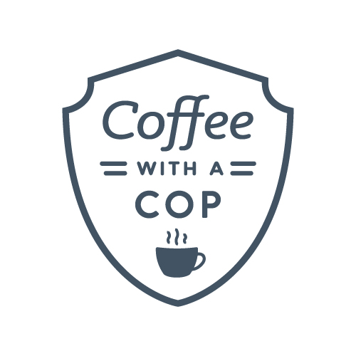 Logo consisting of a badge shaped outline with the words "coffee with a cop" inside and a picture of a small coffee cup