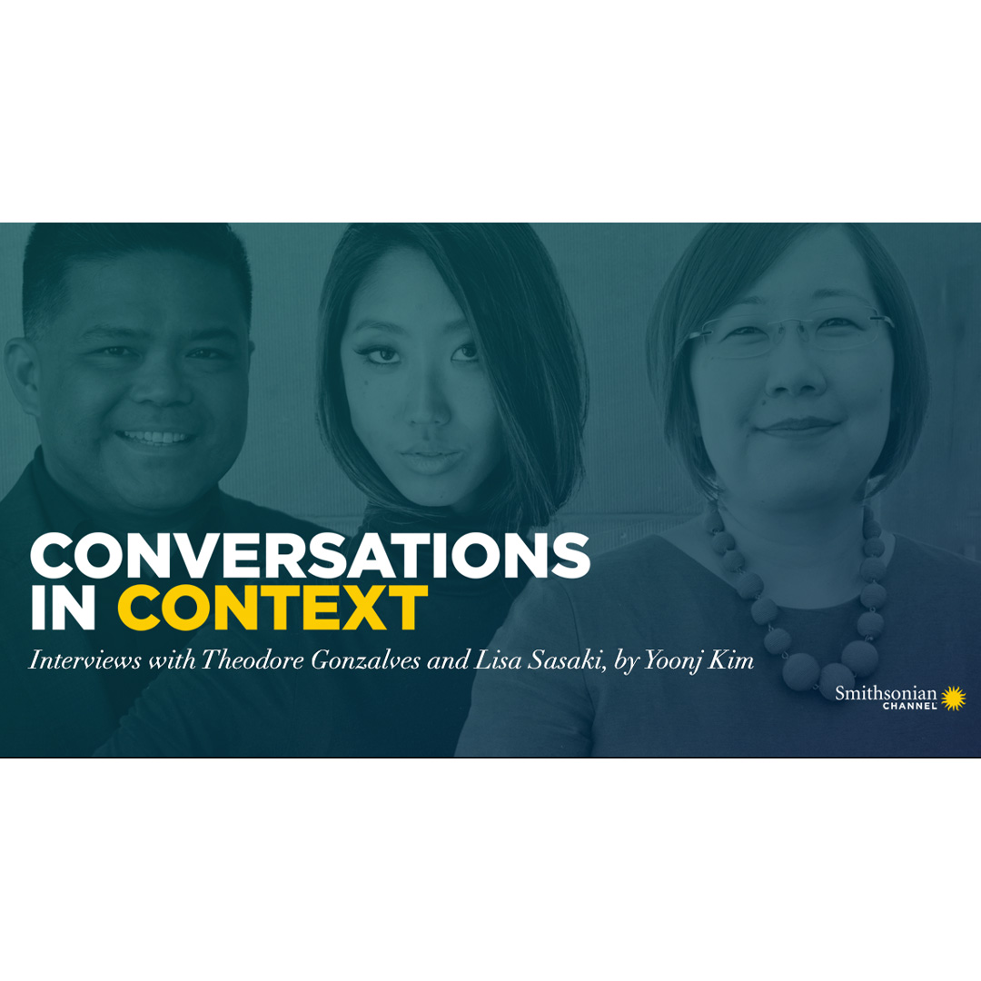 picture in the background of three Asian people - one male and two female presenting with the words Conversations in Context written over top