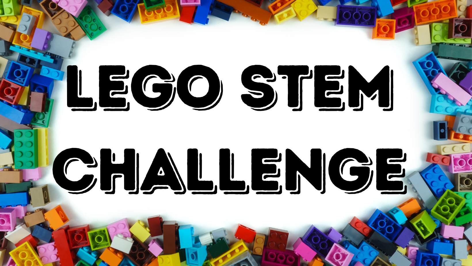 LEGO STEM Challenge text surrounded by colorful legos