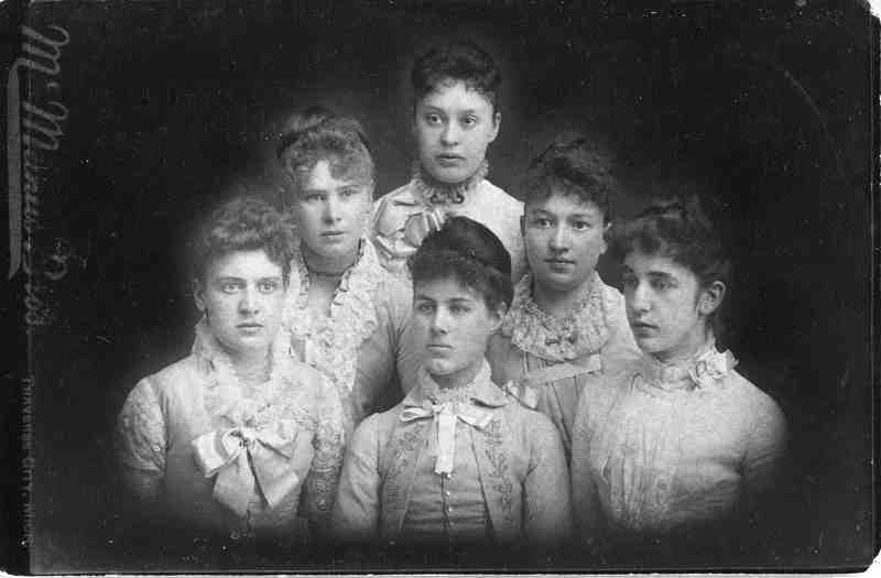 Group of six women in Victorian dress