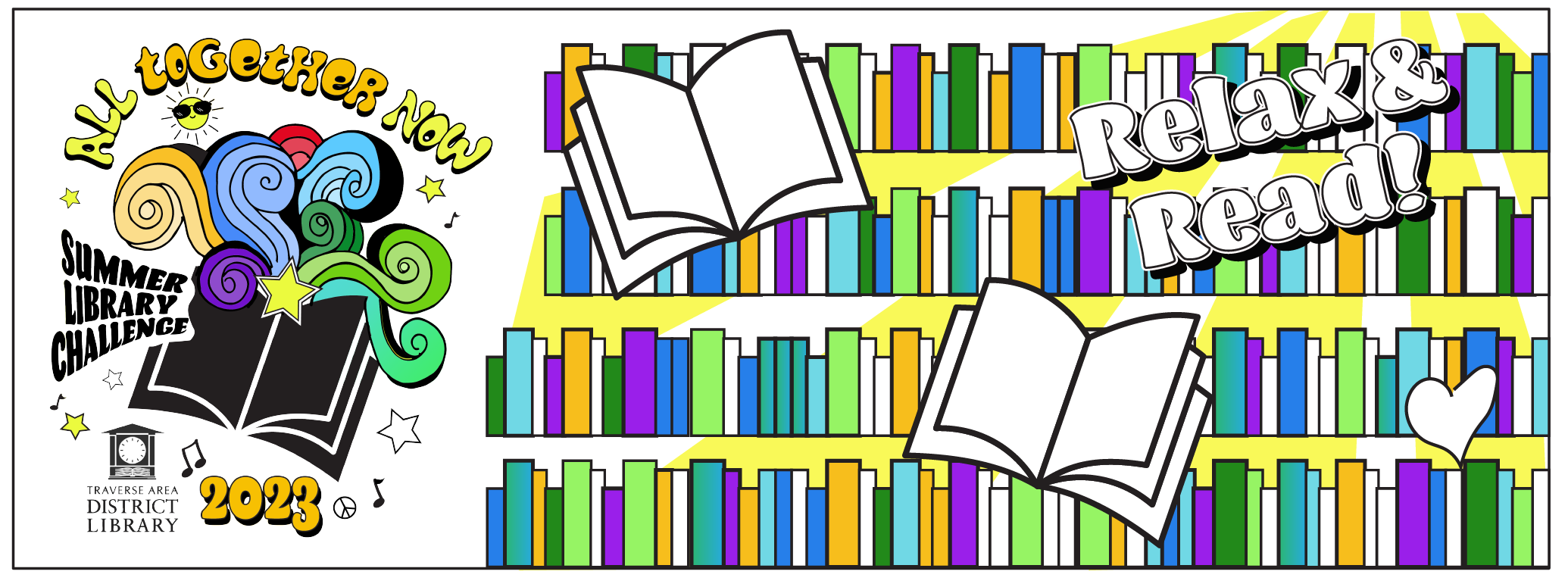 All together now Summer Library Challenge 2023 with library logo and bookshelves - relax & read!