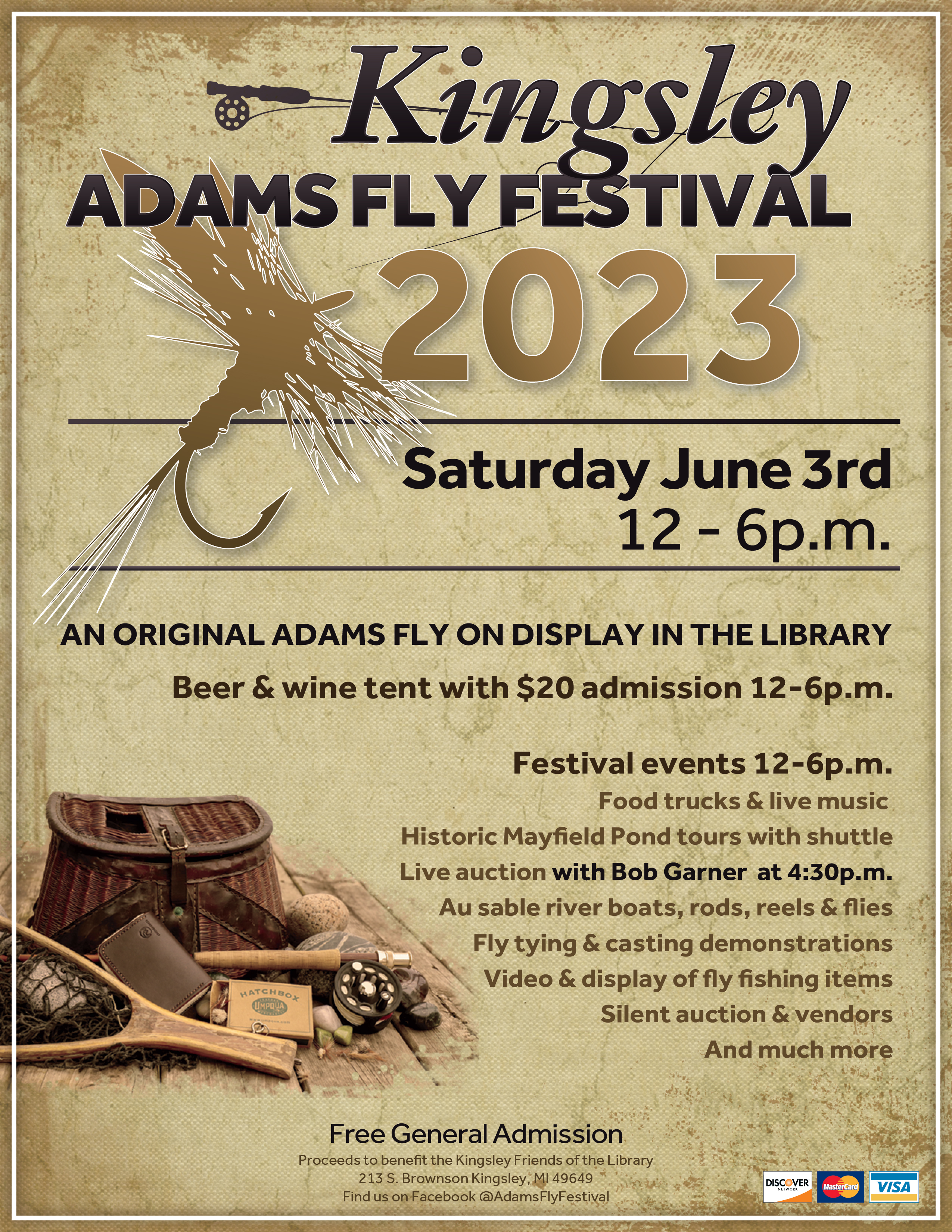Image of a fly fishing dry fly and a fishing catch basket. Text over image reads "Kingsley Adams Fly Festival 2023", on Saturday, June 3rd, noon to 6 pm.