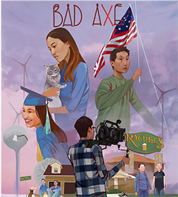 Picture of the cover of the DVD for the movie - lavender background with several silhouettes of people engaging in activities like holding a movie camera, an American flag, and a cat.