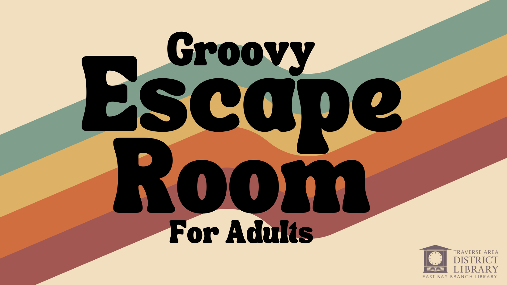 Groovy Escape Room text over colorful wavy lines