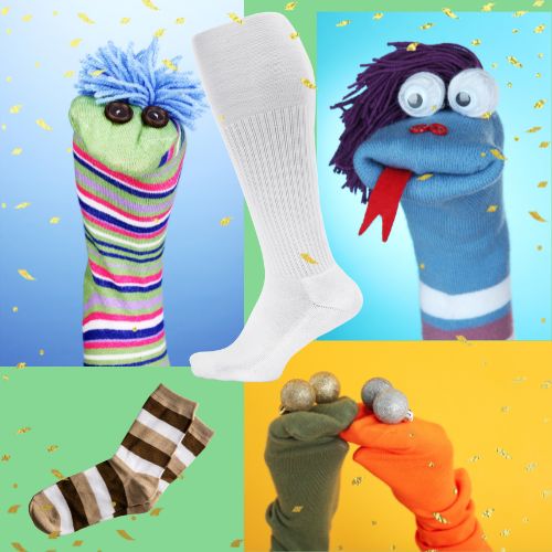 Four sock puppets, stripped socks, and a tube sock. 