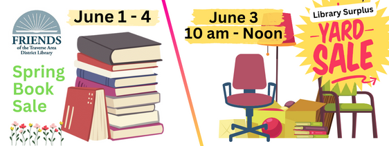 Library Surplus Yard Sale June 3 10 am - Noon; FOTL logo with stack of books Book Sale June 1 - 4