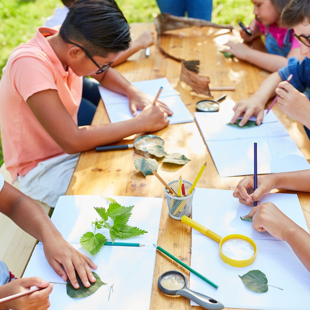 Image of 5 young people around a table outdoors, writing and drawing leaves on paper.