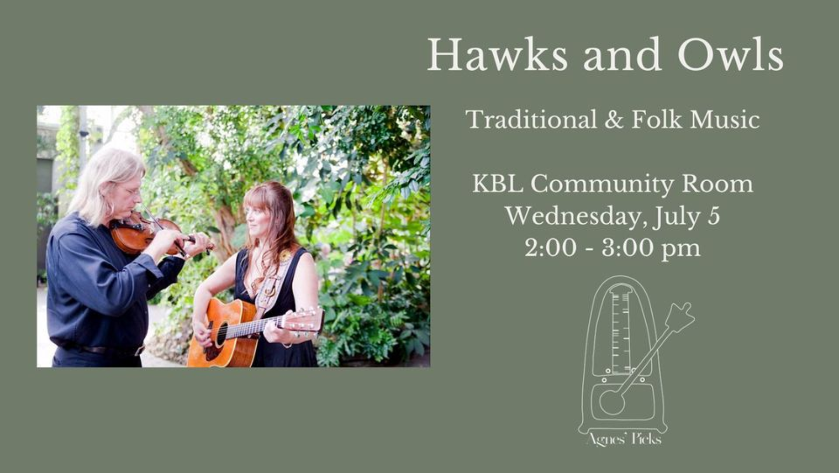 Image of two people playing a fiddle and a guitar. Text reads "Hawks & Owls String Band".