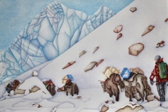 Picture of a pointillism painting of a mountain scene with a line of hikers and pack animals in the snow.