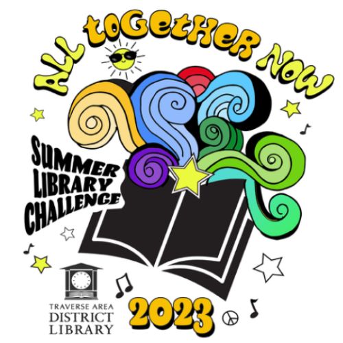 Summer Library Challenge 2023 logo. Book with color swirls and text "All Together Now" along with TADL logo. 