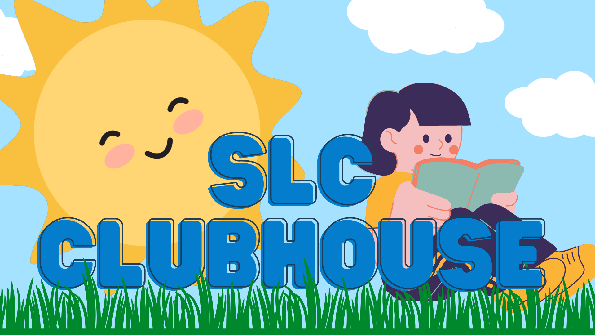 SLC Clubhouse. kid reading outside in grass with sun