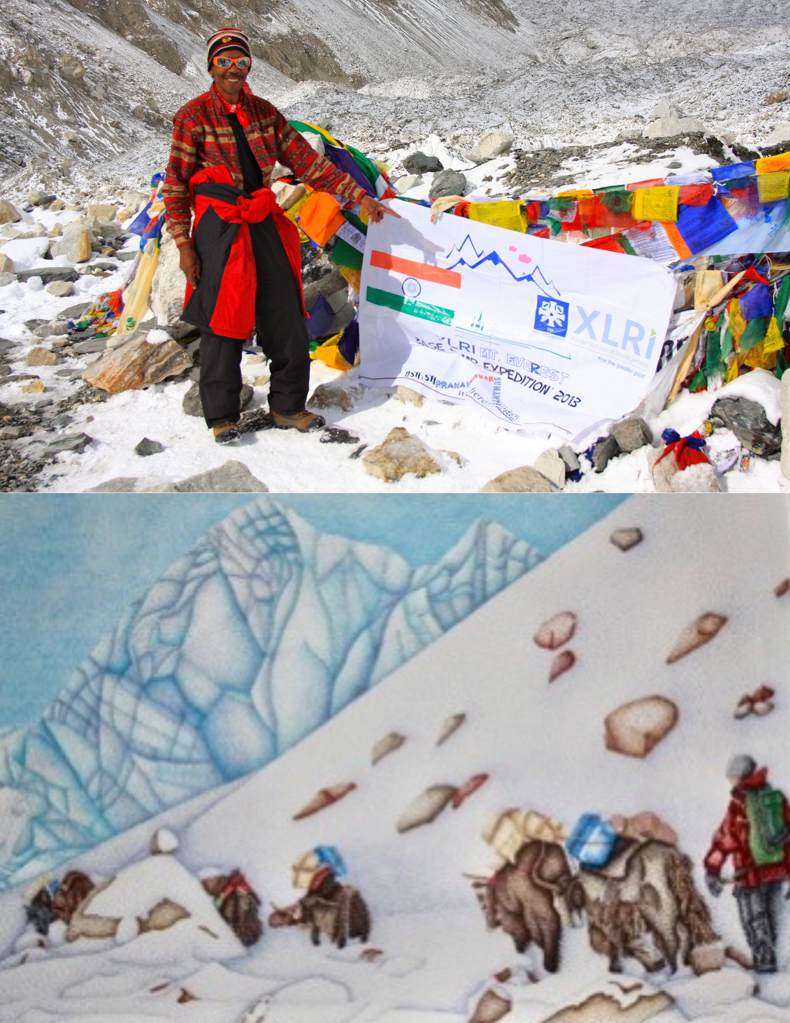 This is a combination of two pictures. One is a photograph of an African American man dressed in winter clothing on a mountain surrounded by snow pointing at a sign for the basecamp of Mt. Everest and then a pointillism painting by the man of a scene on the mountain with trekkers and pack animals