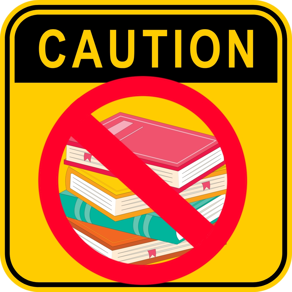 Stack of books on caution sign with red no entry symbol over it. 