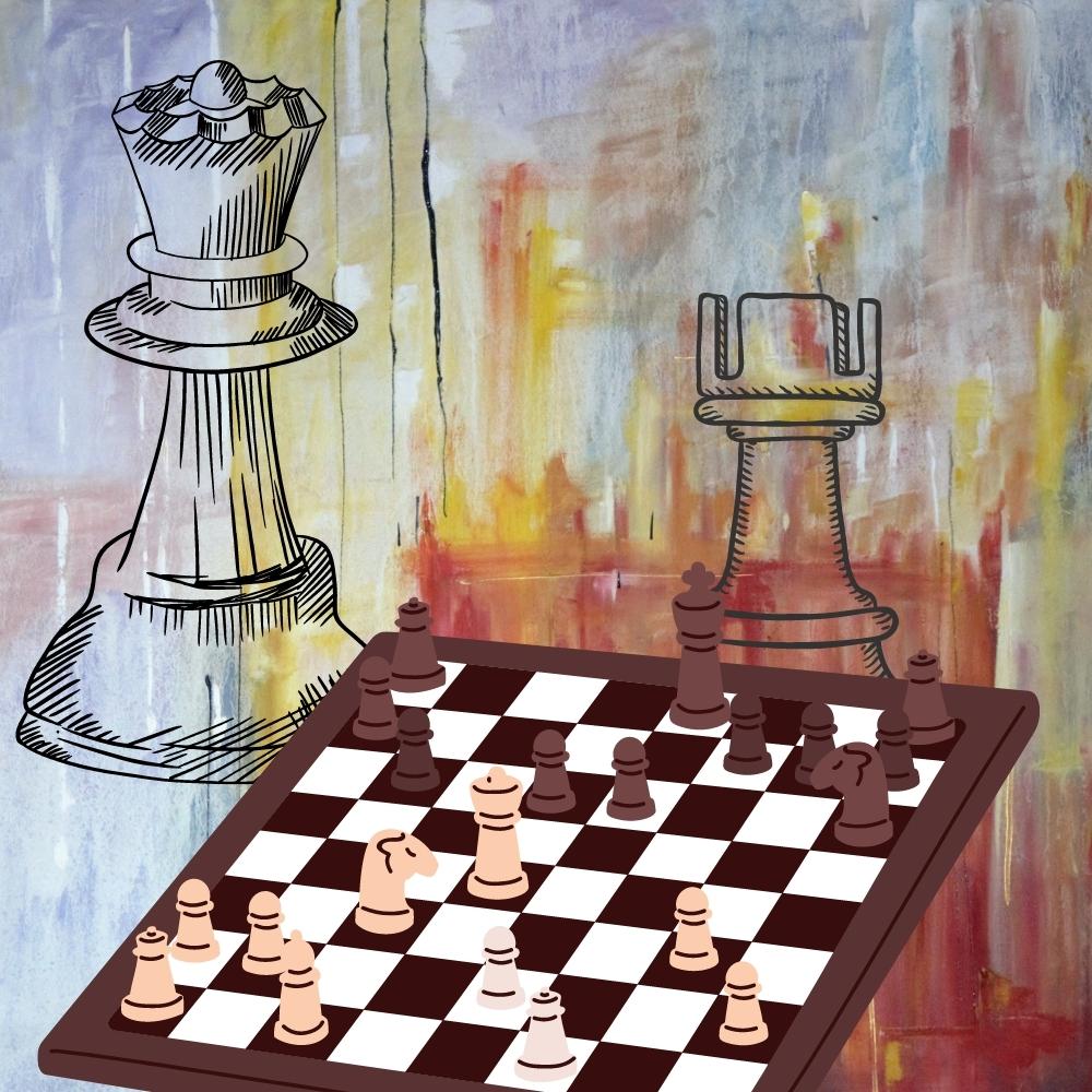 Chess board with pieces in play on abstract painted background.