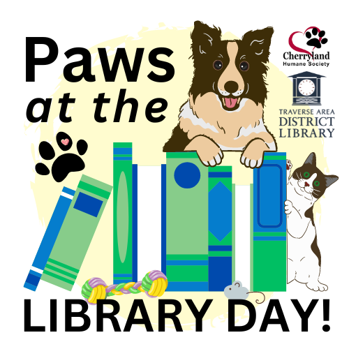 A dog and a cat with books for Paws at the Library Day