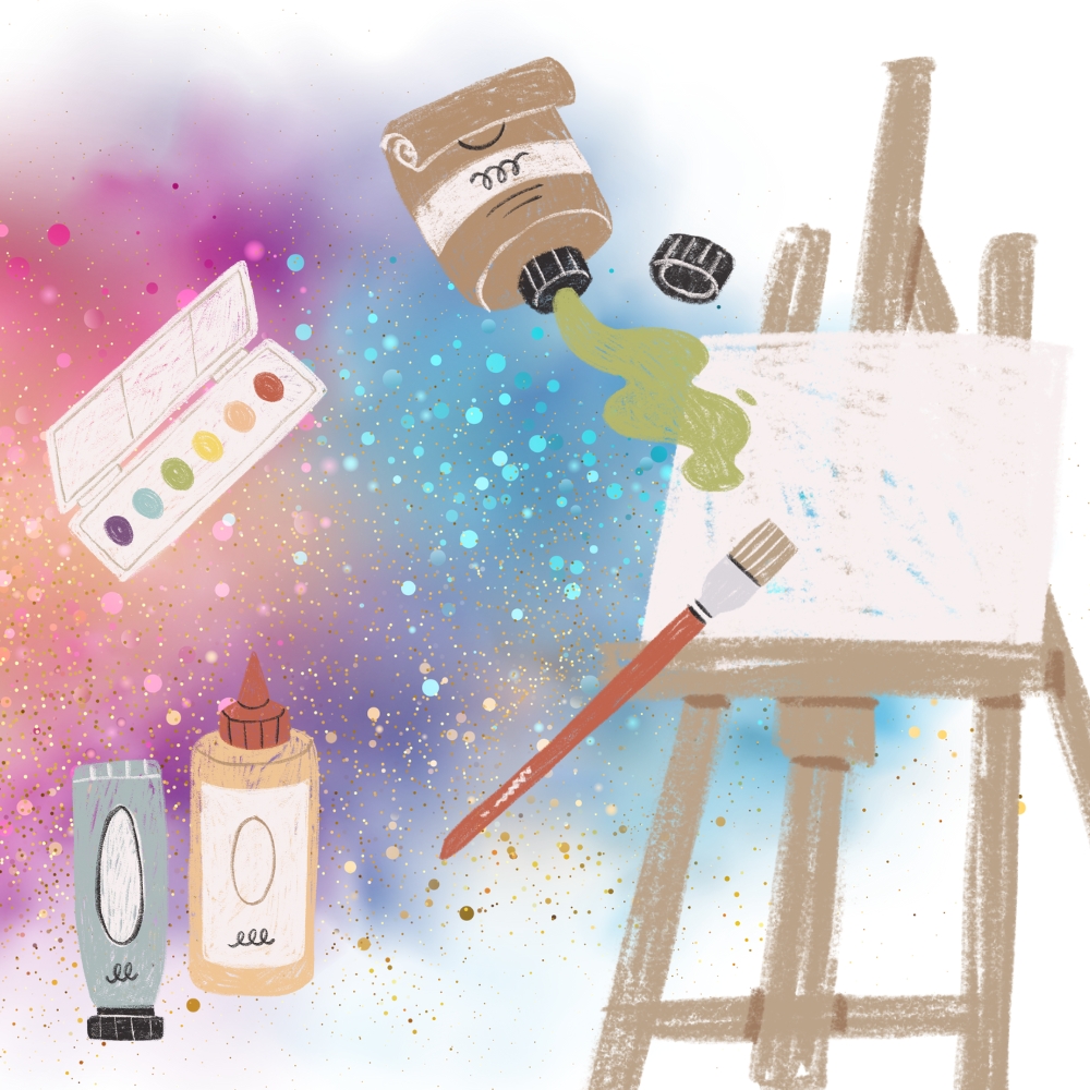 Pastel paint background with painting supplies. 