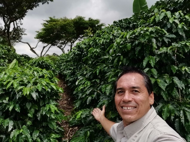 Photo of a man pointing to a grove of trees that are behind him