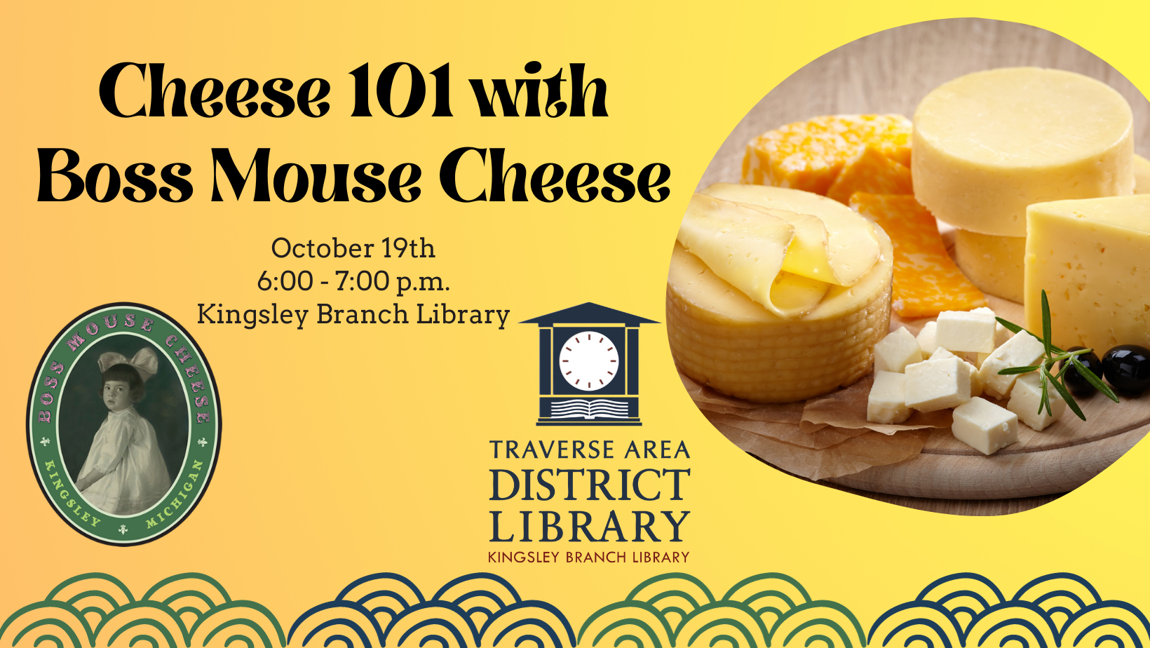 Image of the Boss Mouse Cheese Logo. Text reads "Cheese 101 with Boss Mouse Cheese, October 19th at 6:00pm"