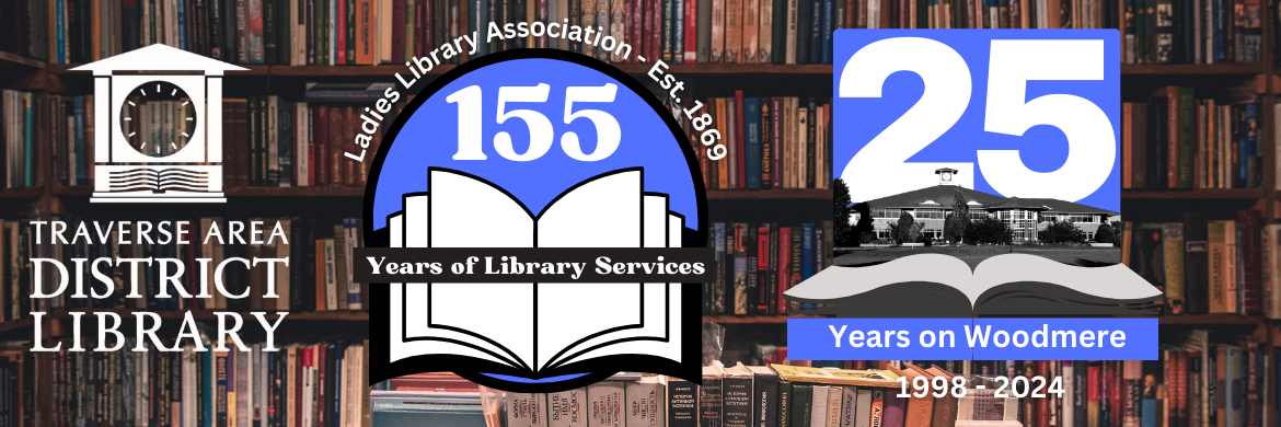 Logo to 155 years of library services, 25 years at Woodmere